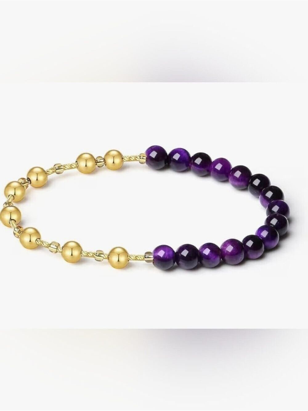 Purple Tiger's Eye Stretch Bracelet, 6MM Beaded 18K Gold Ball Two in One